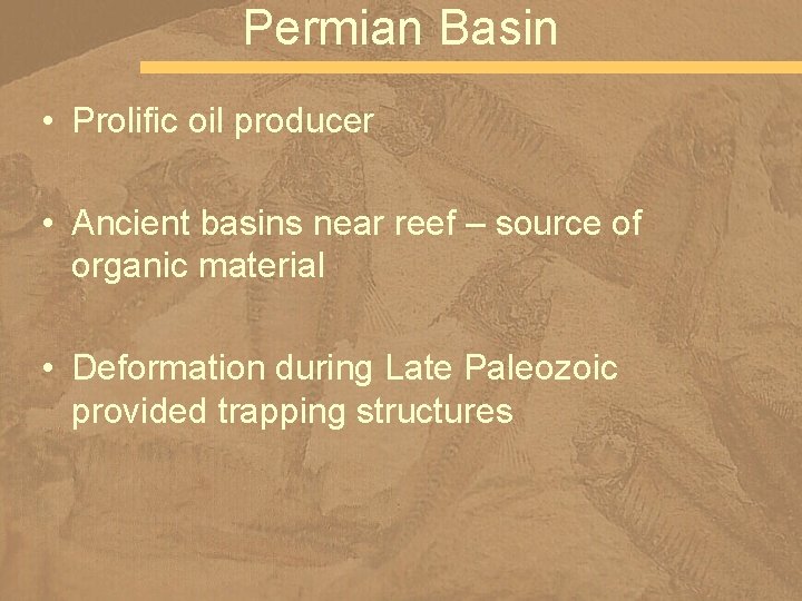 Permian Basin • Prolific oil producer • Ancient basins near reef – source of