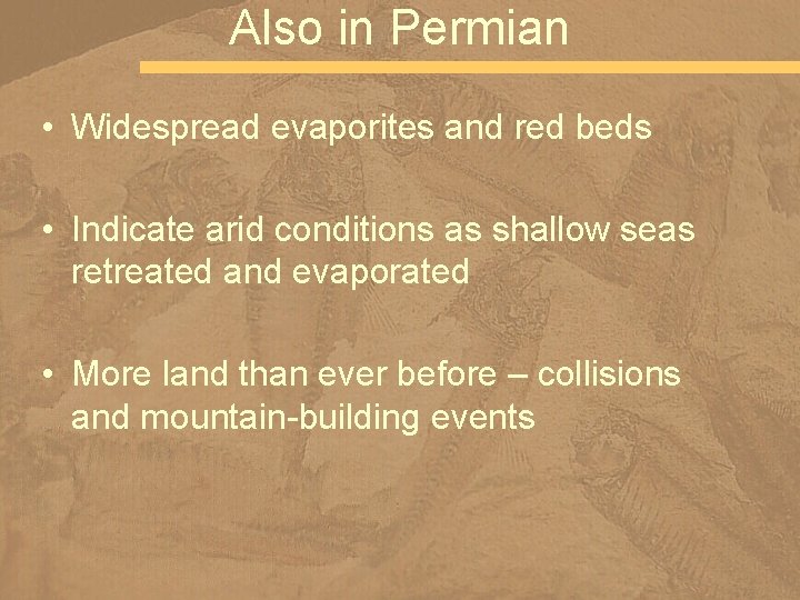 Also in Permian • Widespread evaporites and red beds • Indicate arid conditions as
