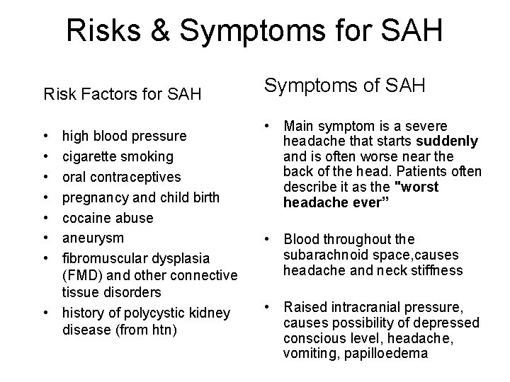 Risks & Symptoms for SAH Risk Factors for SAH • • high blood pressure