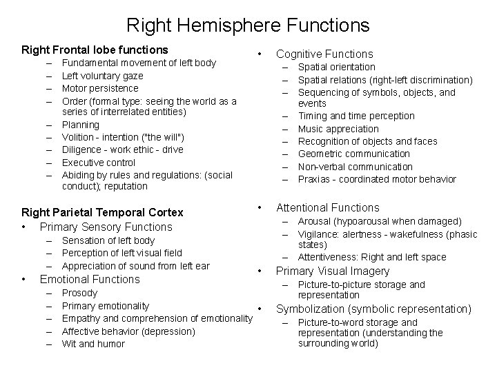 Right Hemisphere Functions Right Frontal lobe functions – – – – – Fundamental movement