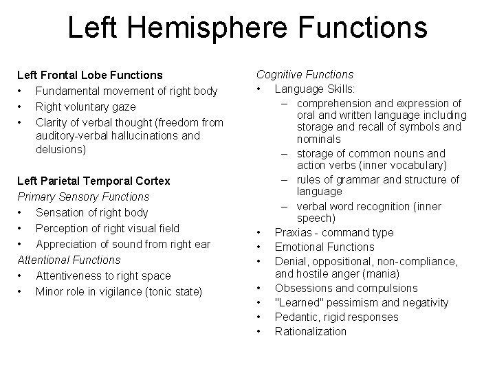 Left Hemisphere Functions Left Frontal Lobe Functions • Fundamental movement of right body •