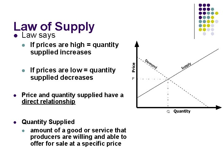 Law of Supply l Law says l If prices are high = quantity supplied