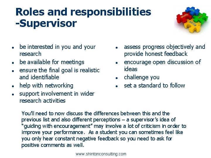 Roles and responsibilities -Supervisor ● ● ● be interested in you and your research