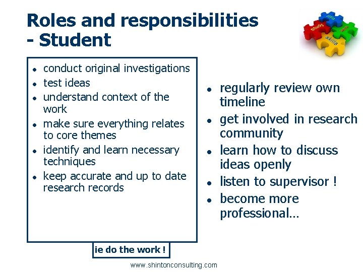 Roles and responsibilities - Student ● ● ● conduct original investigations test ideas understand