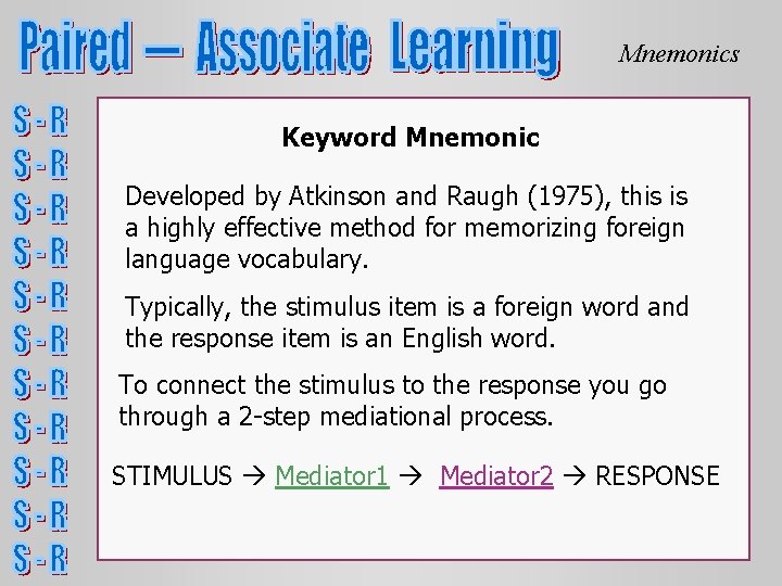 Mnemonics Keyword Mnemonic Developed by Atkinson and Raugh (1975), this is a highly effective Mnemonics Keyword Mnemonic Developed by Atkinson and Raugh (1975), this is a highly effective