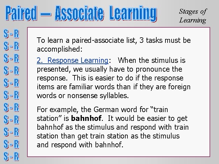 Stages of Learning To learn a paired-associate list, 3 tasks must be accomplished: 2. Stages of Learning To learn a paired-associate list, 3 tasks must be accomplished: 2.