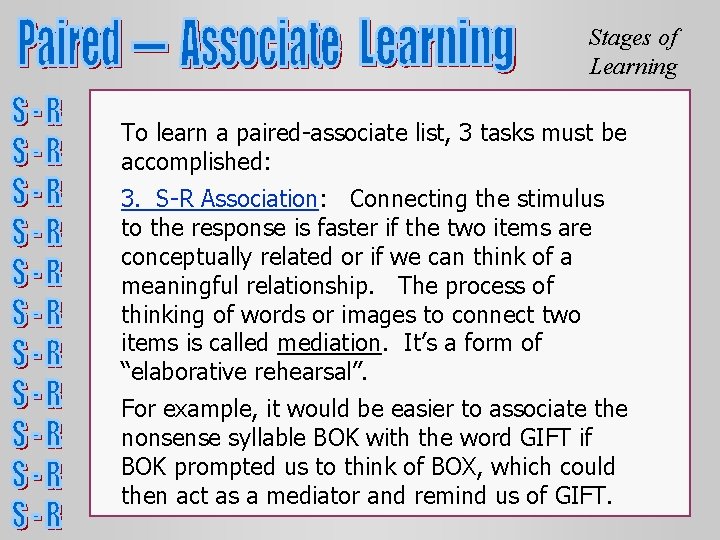 Stages of Learning To learn a paired-associate list, 3 tasks must be accomplished: 3. Stages of Learning To learn a paired-associate list, 3 tasks must be accomplished: 3.