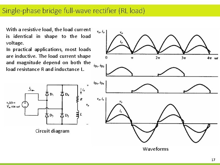 Single-phase bridge full-wave rectifier (RL load) With a resistive load, the load current is