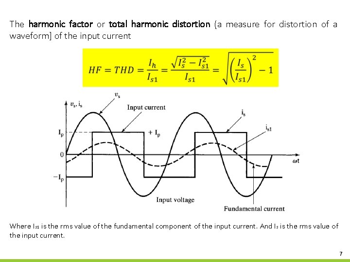 The harmonic factor or total harmonic distortion (a measure for distortion of a waveform]