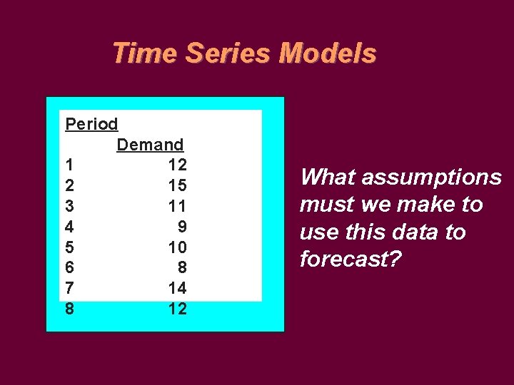 Time Series Models Period Demand 1 12 2 15 3 11 4 9 5