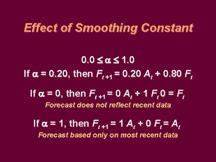 Effect of Smoothing Constant 0. 0 1. 0 If = 0. 20, then Ft