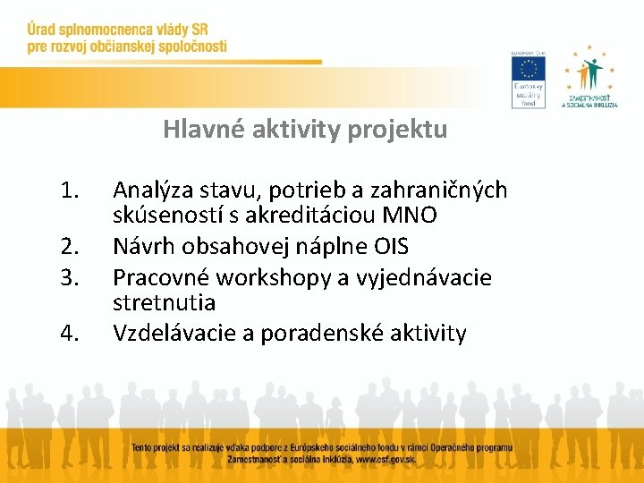 Hlavné aktivity projektu 1. 2. 3. 4. Analýza stavu, potrieb a zahraničných skúseností s