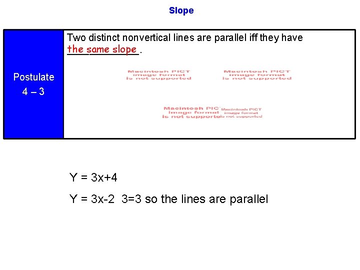 Slope Two distinct nonvertical lines are parallel iff they have the same slope _______.