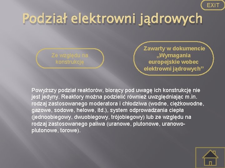 EXIT Podział elektrowni jądrowych Ze względu na konstrukcję Zawarty w dokumencie „Wymagania europejskie wobec