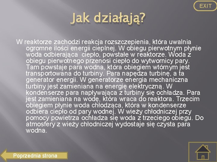 EXIT Jak działają? W reaktorze zachodzi reakcja rozszczepienia, która uwalnia ogromne ilości energii cieplnej.