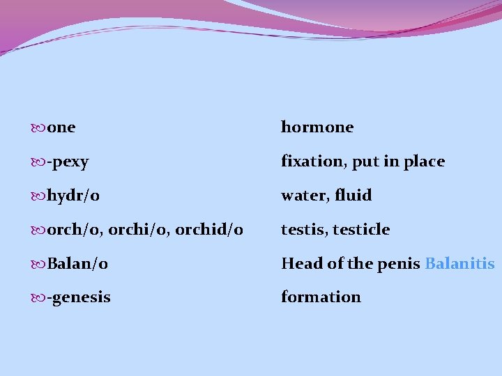 one hormone -pexy fixation, put in place hydr/o water, fluid orch/o, orchid/o testis,