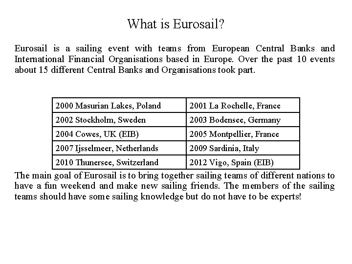 What is Eurosail? Eurosail is a sailing event with teams from European Central Banks