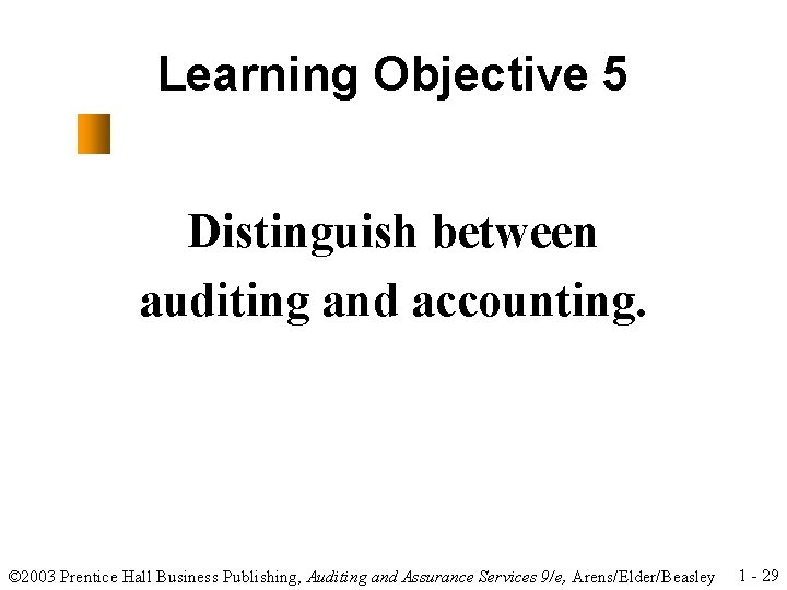 Learning Objective 5 Distinguish between auditing and accounting. © 2003 Prentice Hall Business Publishing,