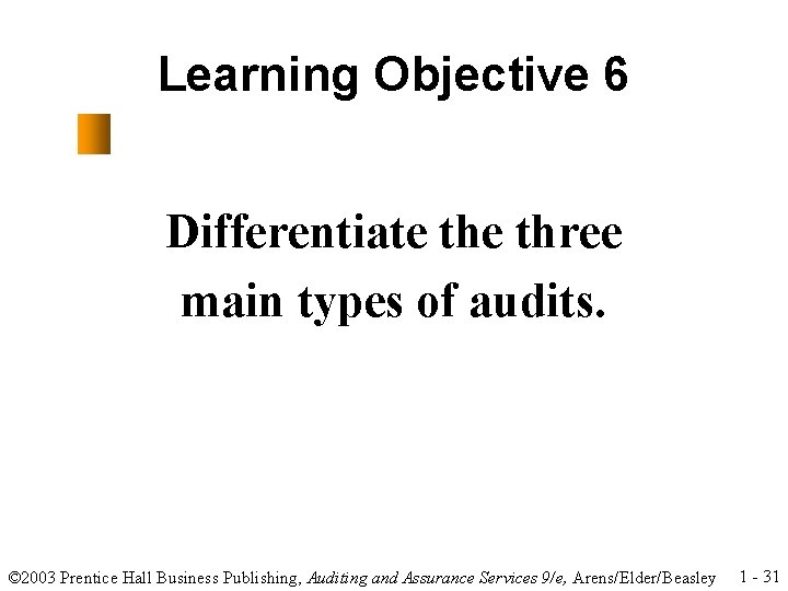 Learning Objective 6 Differentiate three main types of audits. © 2003 Prentice Hall Business