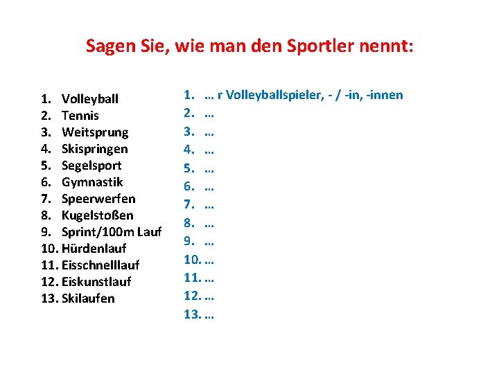 Sagen Sie, wie man den Sportler nennt: 1. Volleyball 2. Tennis 3. Weitsprung 4.