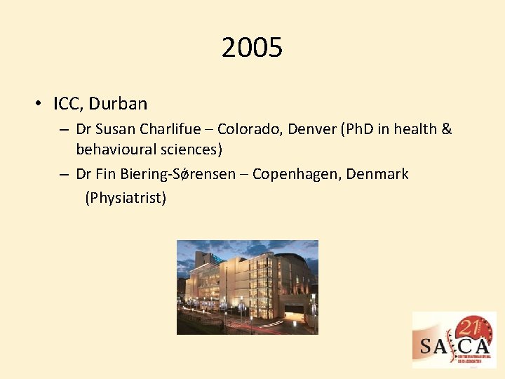 2005 • ICC, Durban – Dr Susan Charlifue – Colorado, Denver (Ph. D in