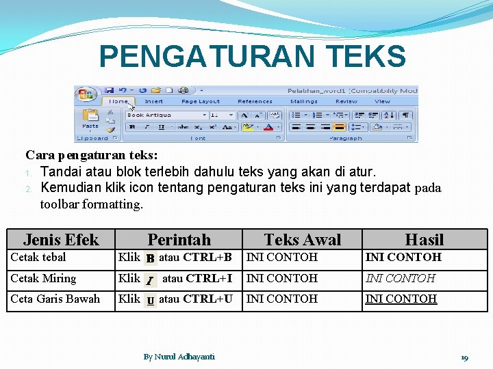 PENGATURAN TEKS Cara pengaturan teks: 1. Tandai atau blok terlebih dahulu teks yang akan