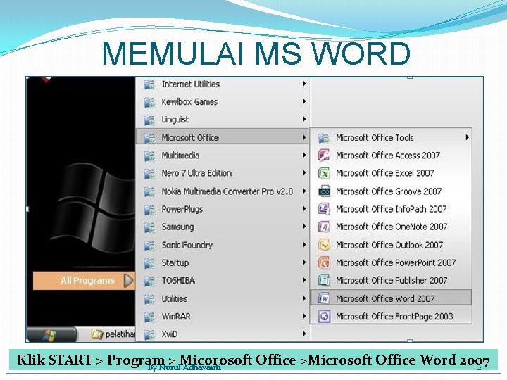 MEMULAI MS WORD Klik START > Program > Micorosoft Office >Microsoft Office Word 2007