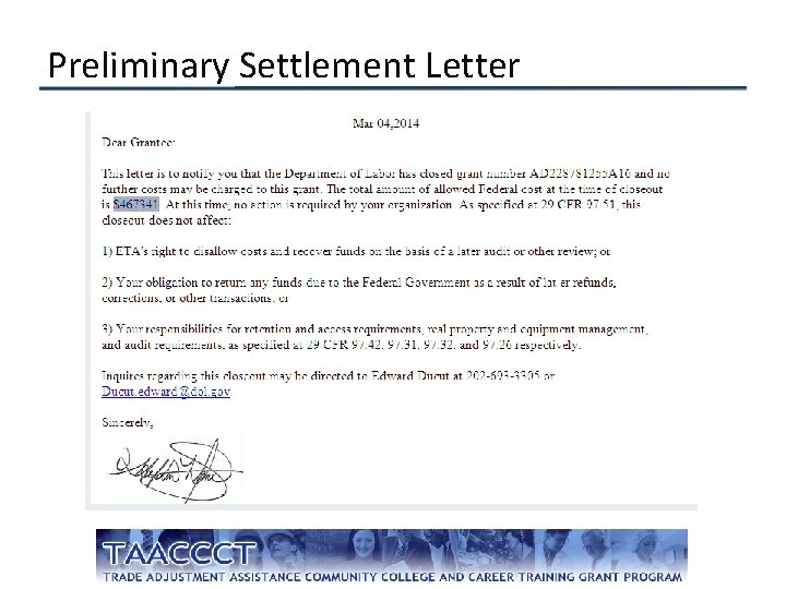 Preliminary Settlement Letter 
