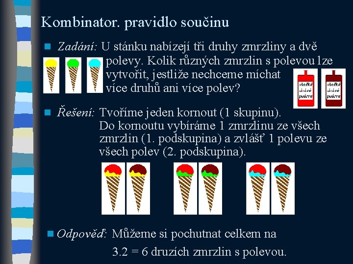 Kombinator. pravidlo součinu n Zadání: U stánku nabízejí tři druhy zmrzliny a dvě polevy.