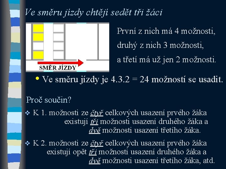 Ve směru jízdy chtějí sedět tři žáci První z nich má 4 možnosti, druhý