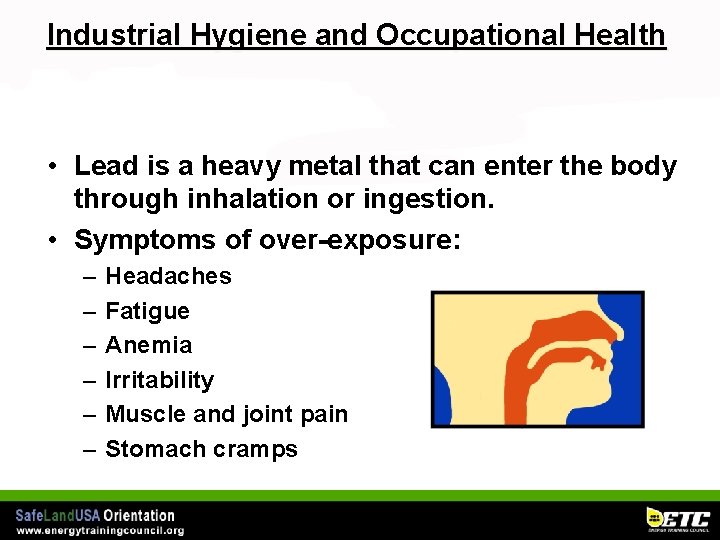 Industrial Hygiene and Occupational Health • Lead is a heavy metal that can enter