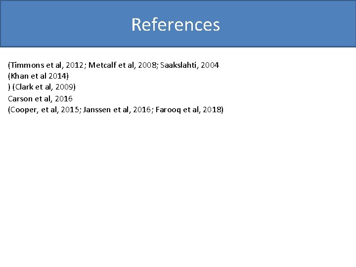 References (Timmons et al, 2012; Metcalf et al, 2008; Saakslahti, 2004 (Khan et al