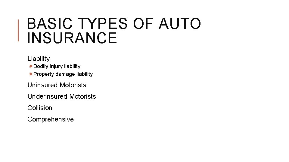 BASIC TYPES OF AUTO INSURANCE Liability Bodily injury liability Property damage liability Uninsured Motorists
