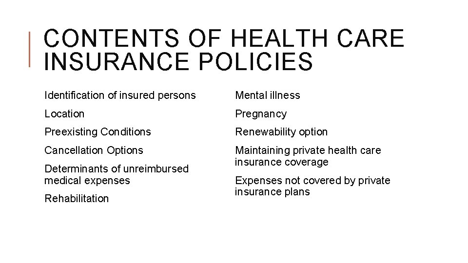 CONTENTS OF HEALTH CARE INSURANCE POLICIES Identification of insured persons Mental illness Location Pregnancy