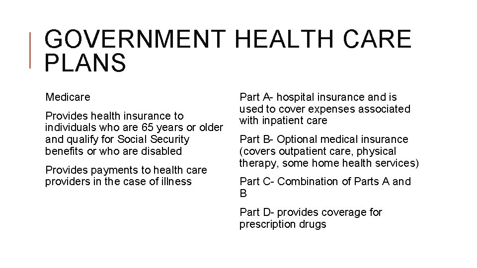 GOVERNMENT HEALTH CARE PLANS Medicare Provides health insurance to individuals who are 65 years