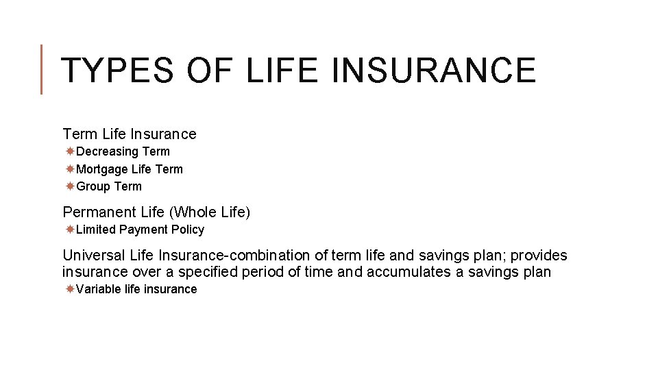 TYPES OF LIFE INSURANCE Term Life Insurance Decreasing Term Mortgage Life Term Group Term