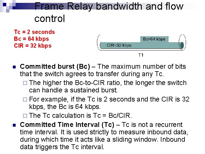 Frame Relay bandwidth and flow control Tc = 2 seconds Bc = 64 kbps