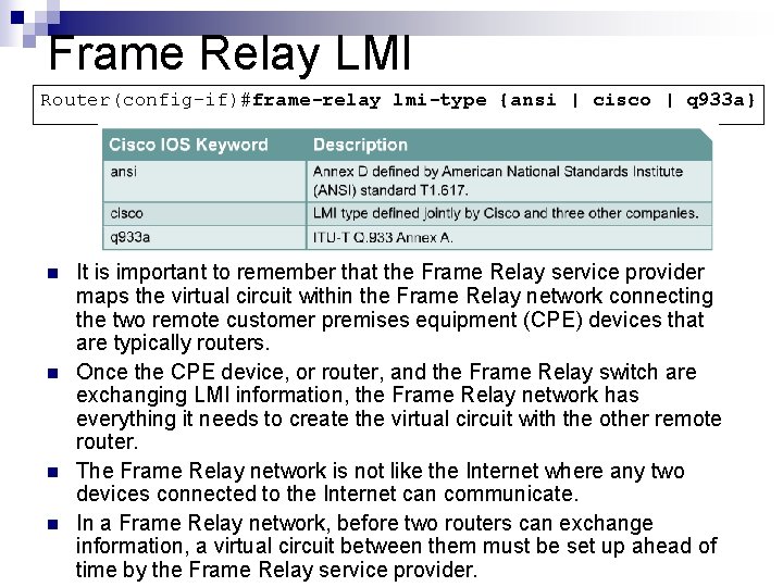 Frame Relay LMI Router(config-if)#frame-relay lmi-type {ansi | cisco | q 933 a} n n