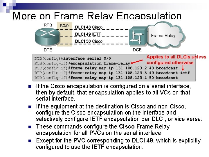 More on Frame Relay Encapsulation Applies to all DLCIs unless configured otherwise n n