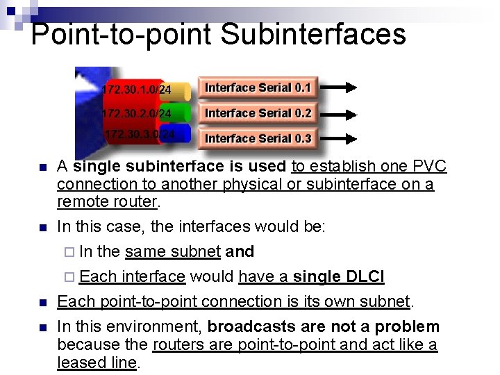 Point-to-point Subinterfaces n n A single subinterface is used to establish one PVC connection