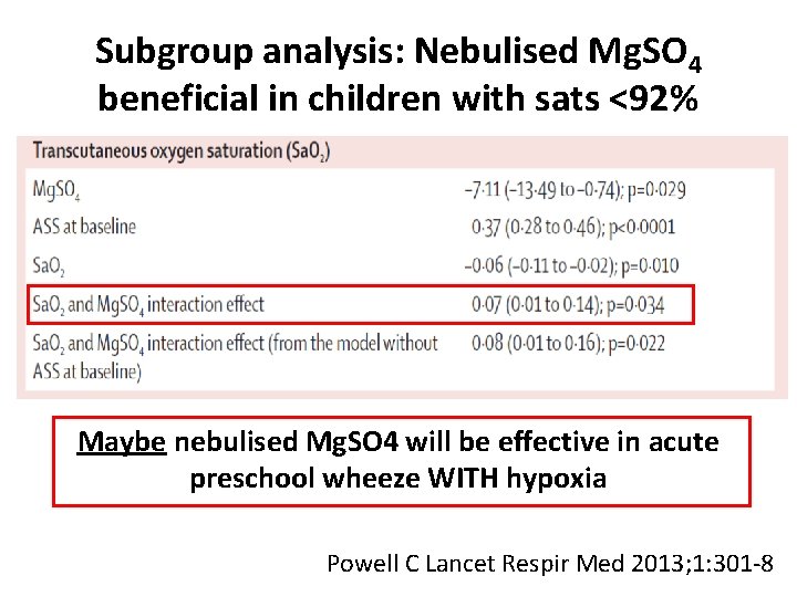 Subgroup analysis: Nebulised Mg. SO 4 beneficial in children with sats <92% Maybe nebulised