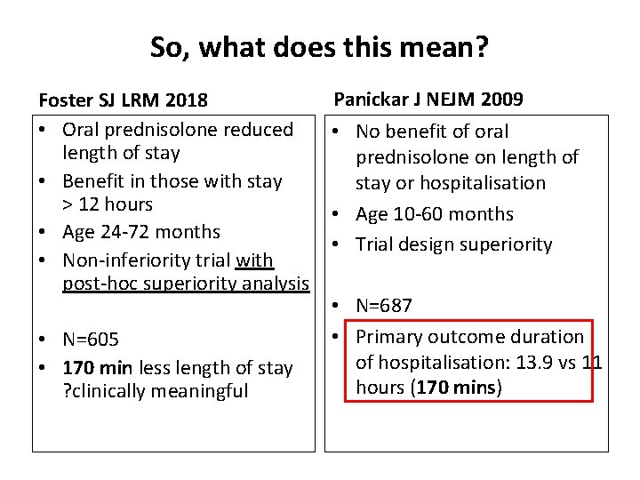 So, what does this mean? Foster SJ LRM 2018 • Oral prednisolone reduced length