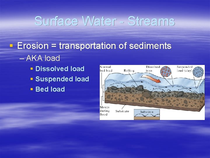 Surface Water - Streams § Erosion = transportation of sediments – AKA load §
