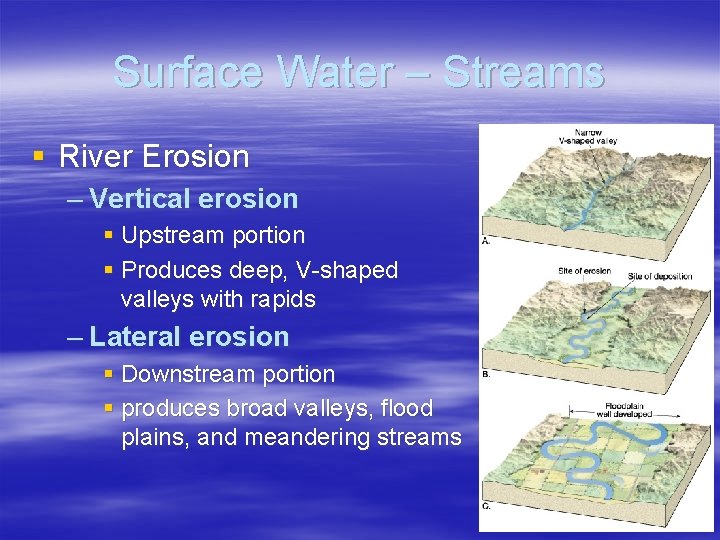 Surface Water – Streams § River Erosion – Vertical erosion § Upstream portion §
