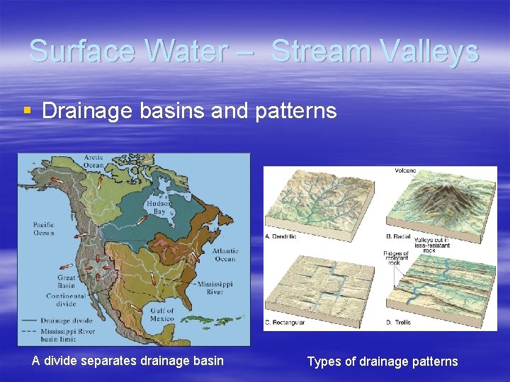 Surface Water – Stream Valleys § Drainage basins and patterns A divide separates drainage