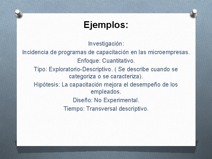 Ejemplos: Investigación: Incidencia de programas de capacitación en las microempresas. Enfoque: Cuantitativo. Tipo: Exploratorio-Descriptivo.