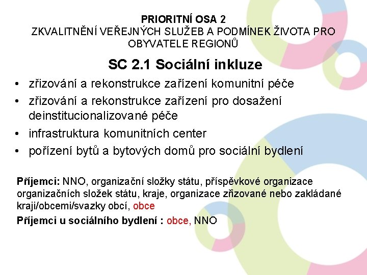 PRIORITNÍ OSA 2 ZKVALITNĚNÍ VEŘEJNÝCH SLUŽEB A PODMÍNEK ŽIVOTA PRO OBYVATELE REGIONŮ SC 2.