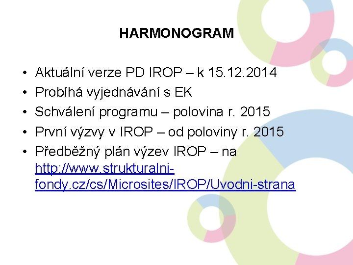 HARMONOGRAM • • • Aktuální verze PD IROP – k 15. 12. 2014 Probíhá