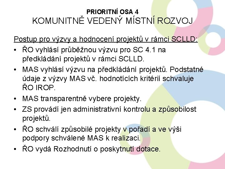 PRIORITNÍ OSA 4 KOMUNITNĚ VEDENÝ MÍSTNÍ ROZVOJ Postup pro výzvy a hodnocení projektů v