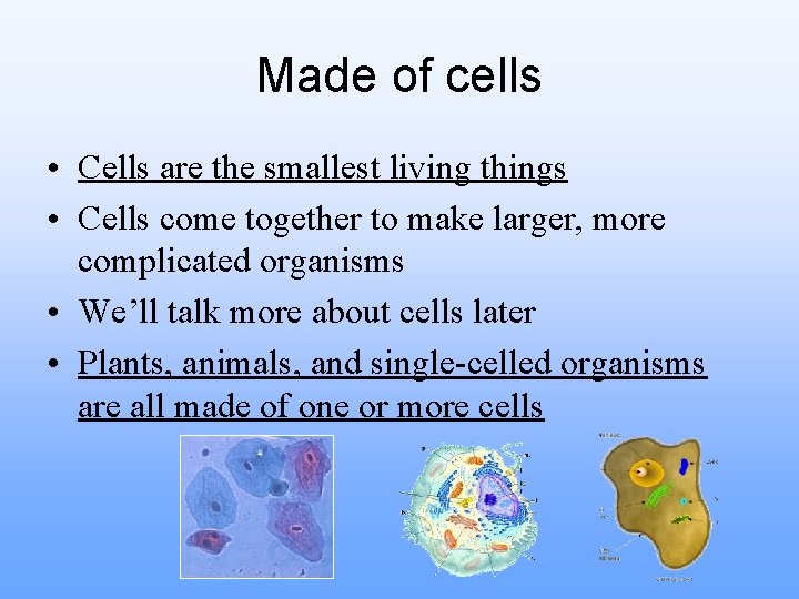 Made of cells • Cells are the smallest living things • Cells come together